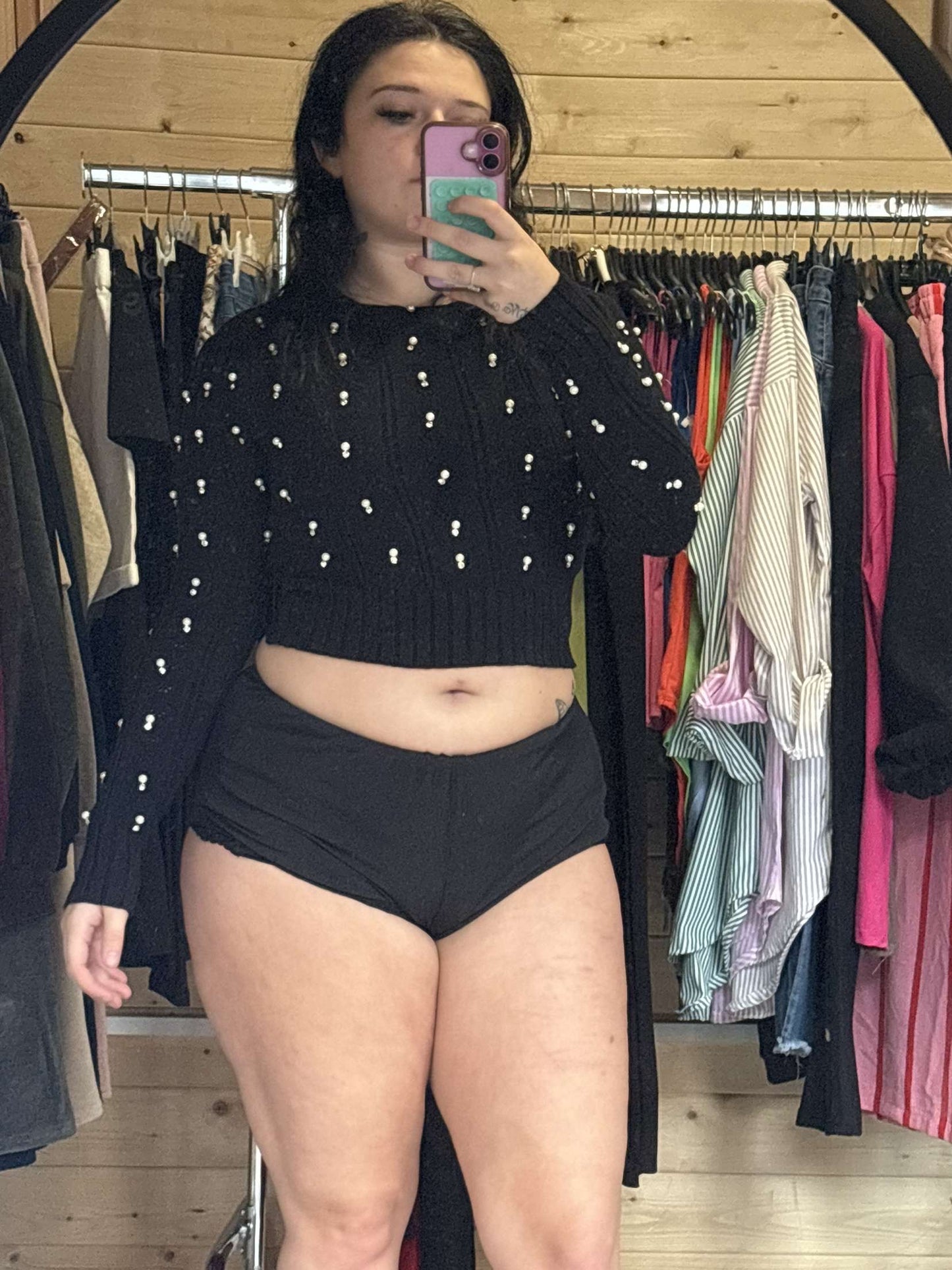Ladies cropped pearl and diamante jumper