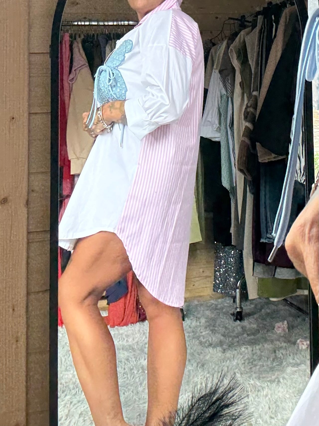 Teddy bear striped shirt dress