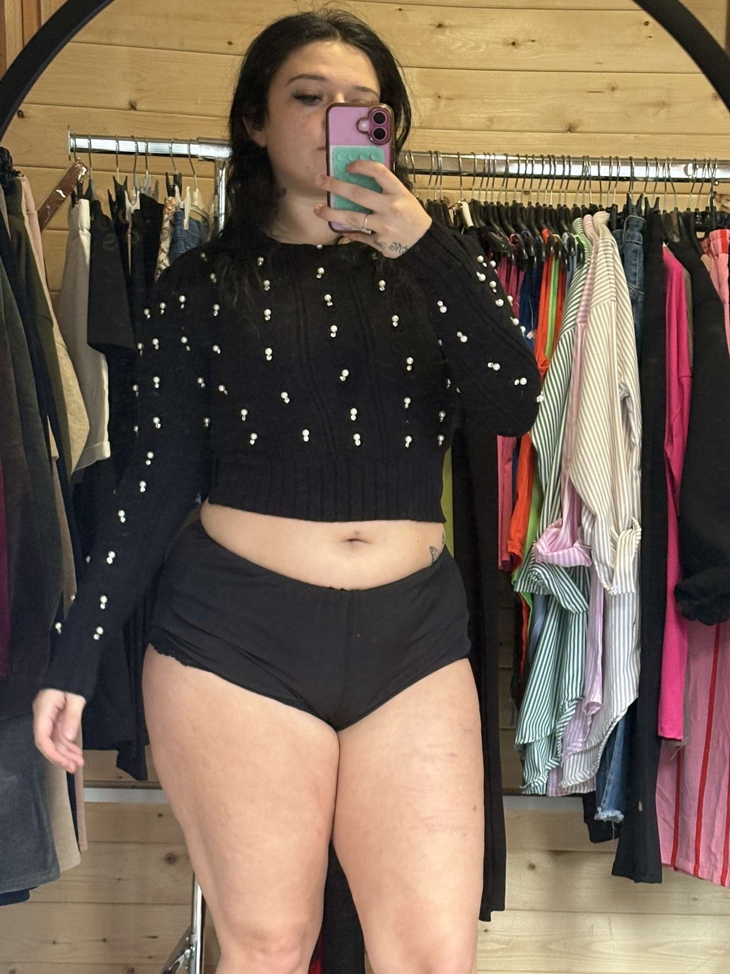 Ladies cropped pearl and diamante jumper