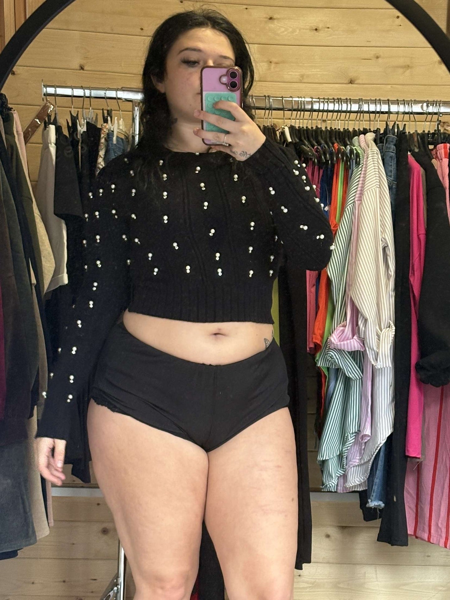 Ladies cropped pearl and diamante jumper