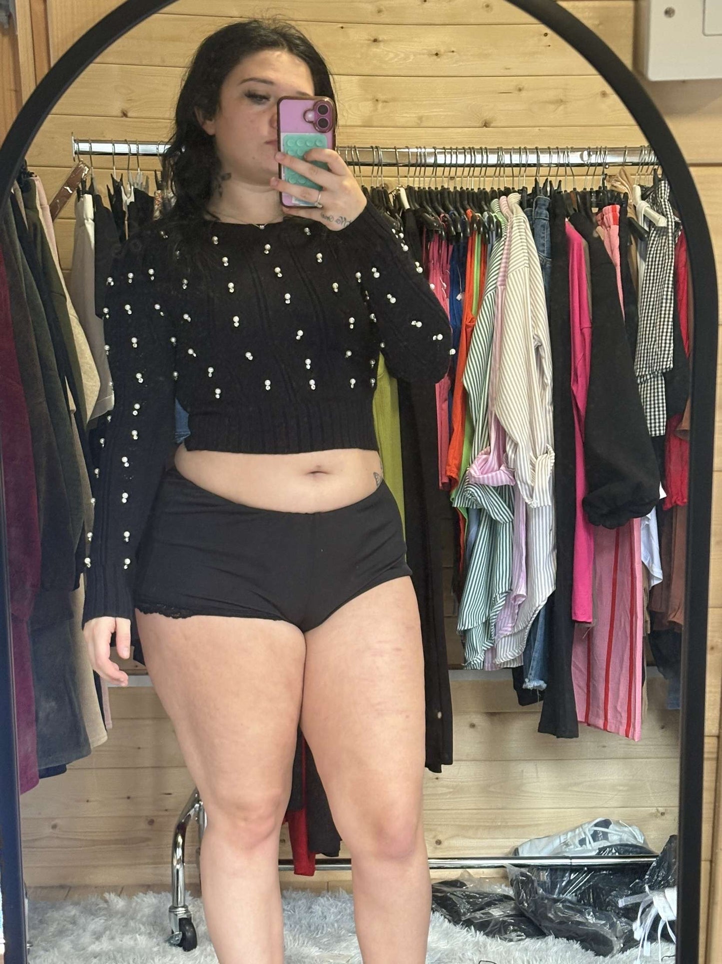 Ladies cropped pearl and diamante jumper