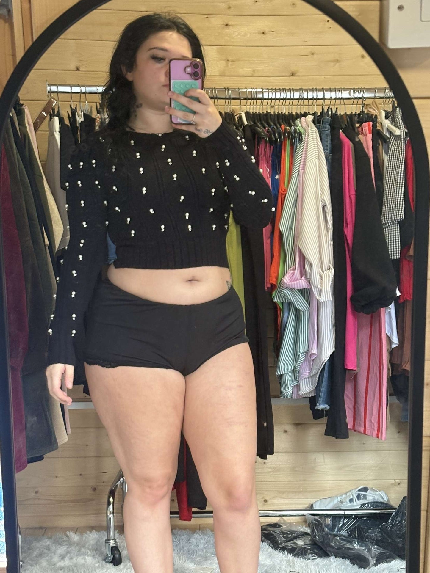 Ladies cropped pearl and diamante jumper