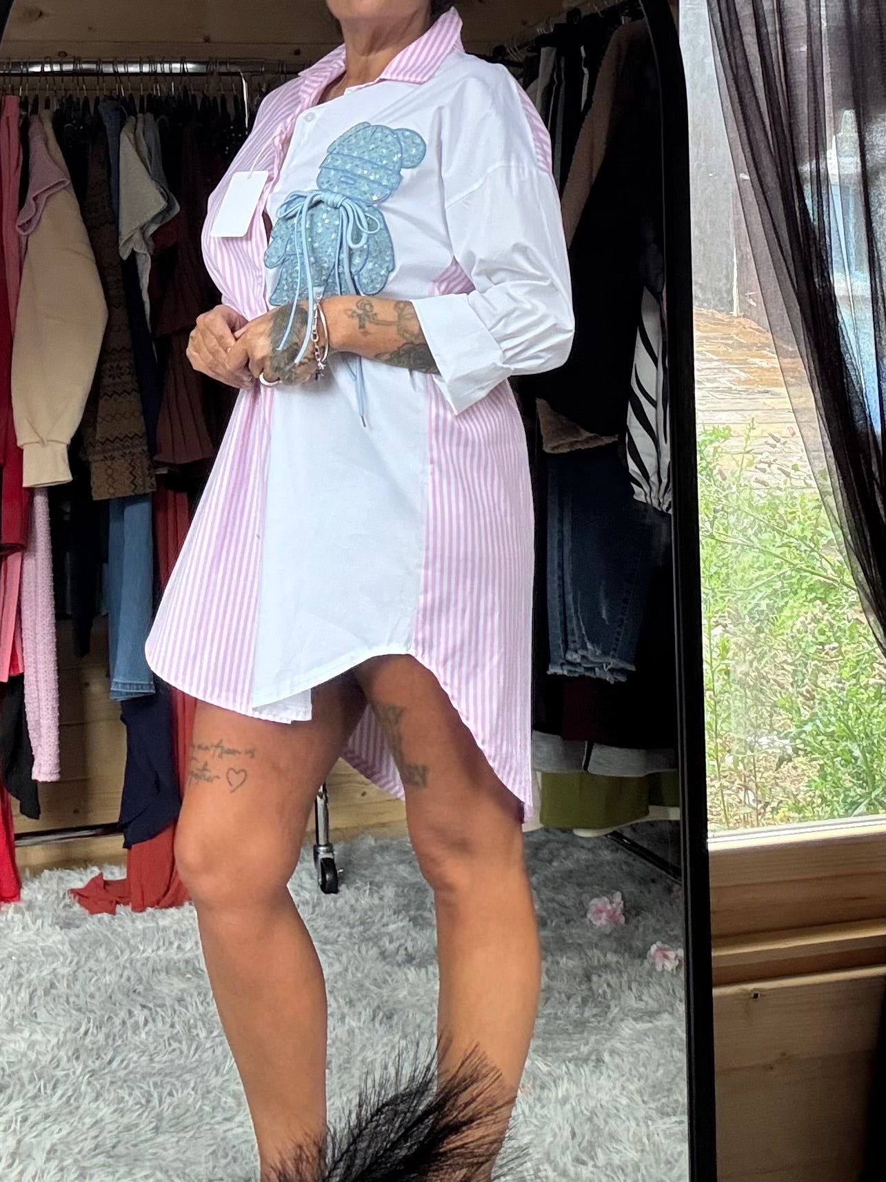 Teddy bear striped shirt dress