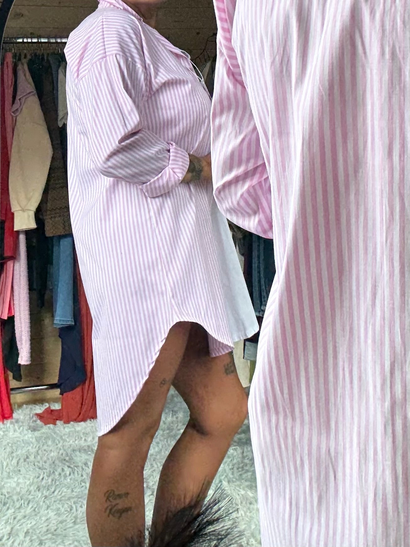 Teddy bear striped shirt dress