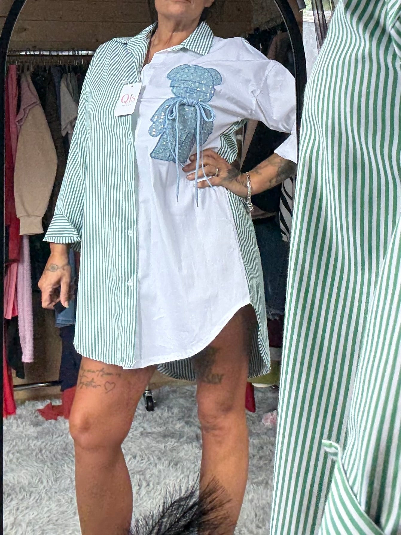 Teddy bear striped shirt dress